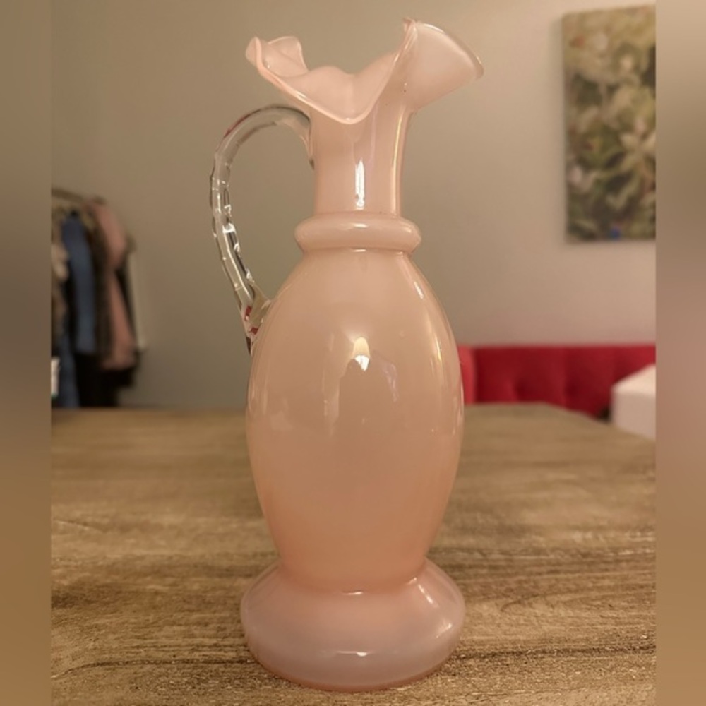 Rose Pink Ruffled Edge Pitcher Vase With Handle